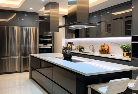 Tendencias en diseño de cocinas 2025 con estilo moderno, colores oscuros y materiales sostenibles